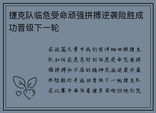 捷克队临危受命顽强拼搏逆袭险胜成功晋级下一轮