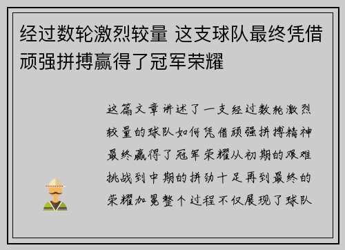 经过数轮激烈较量 这支球队最终凭借顽强拼搏赢得了冠军荣耀